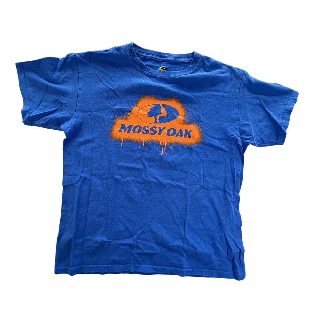 Mossy Oak Shirt Youth Large Blue Logo Graphic T-Shirt Cotton Crew Neck Hunting